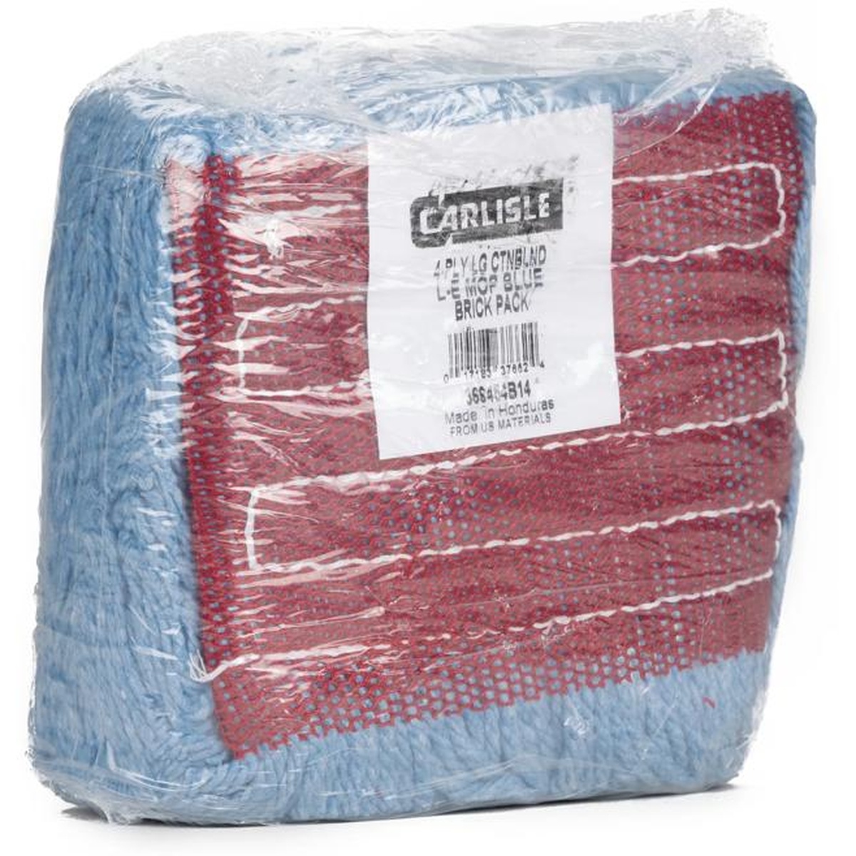 Carlisle Flo-Pac blue looped-end mop heads compressed in brick pack packaging