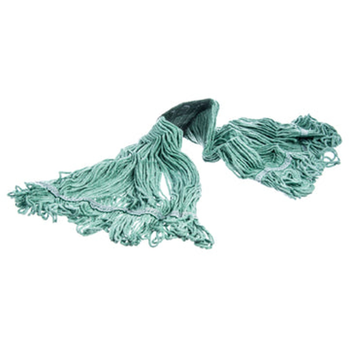 Flo-Pac green looped-end mop head spread open showing full yarn length and looped fiber ends