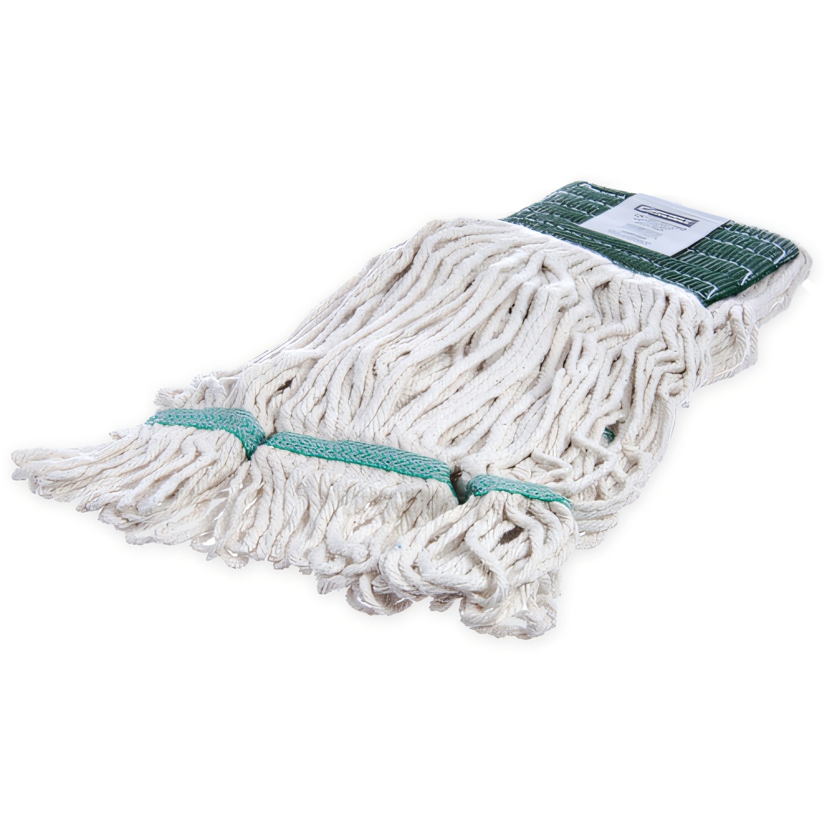 Flo-Pac medium looped-end white cotton wet mop head with green vinyl headband and green tail band, laying flat