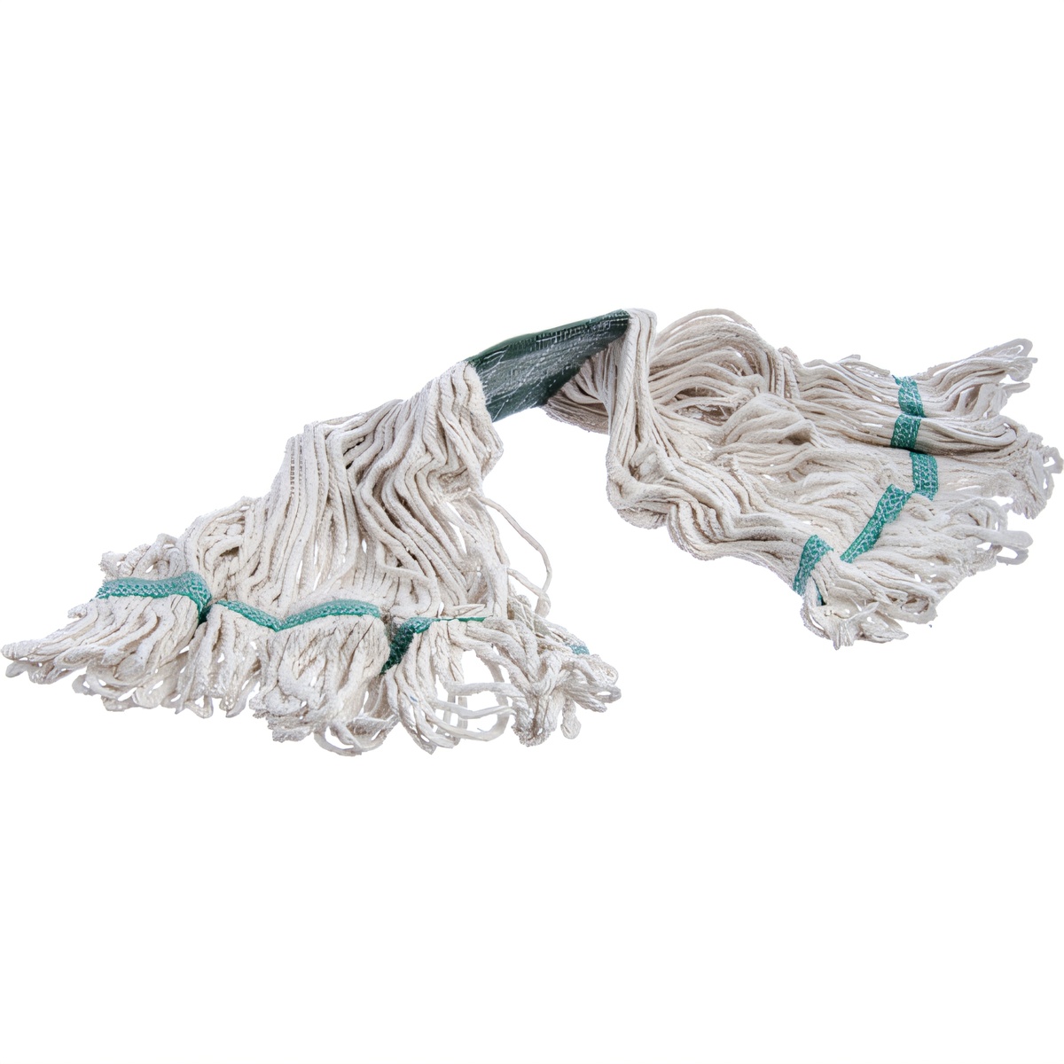Two Flo-Pac white looped-end cotton mop heads with green bands displayed side by side on white background