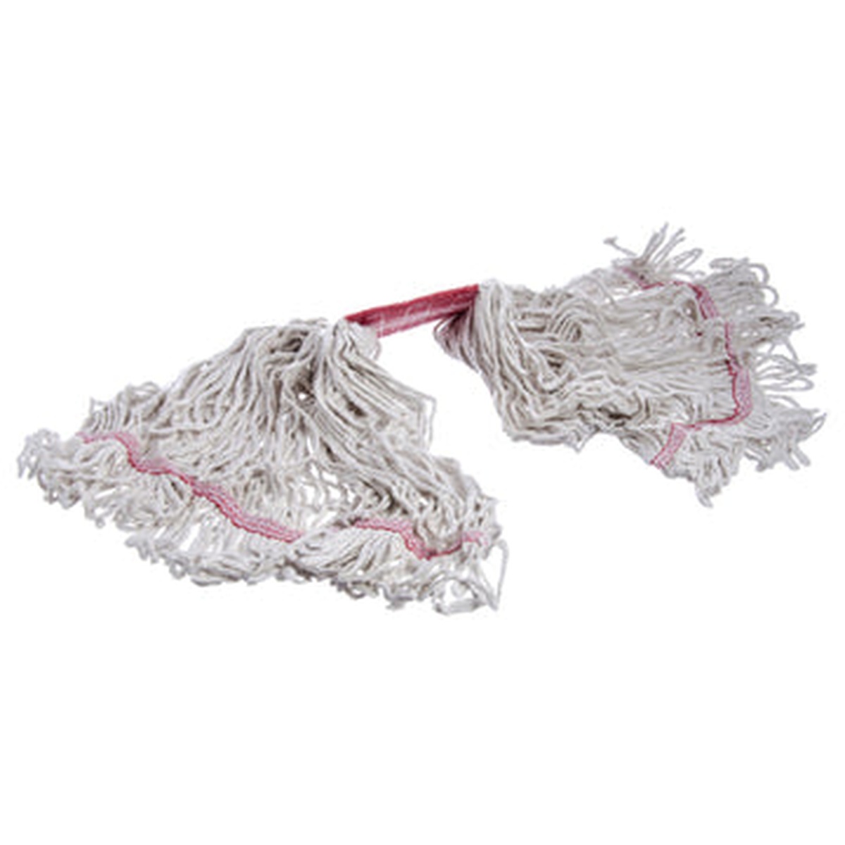 Flo-Pac white looped-end wet mop head spread open showing full yarn coverage and red band