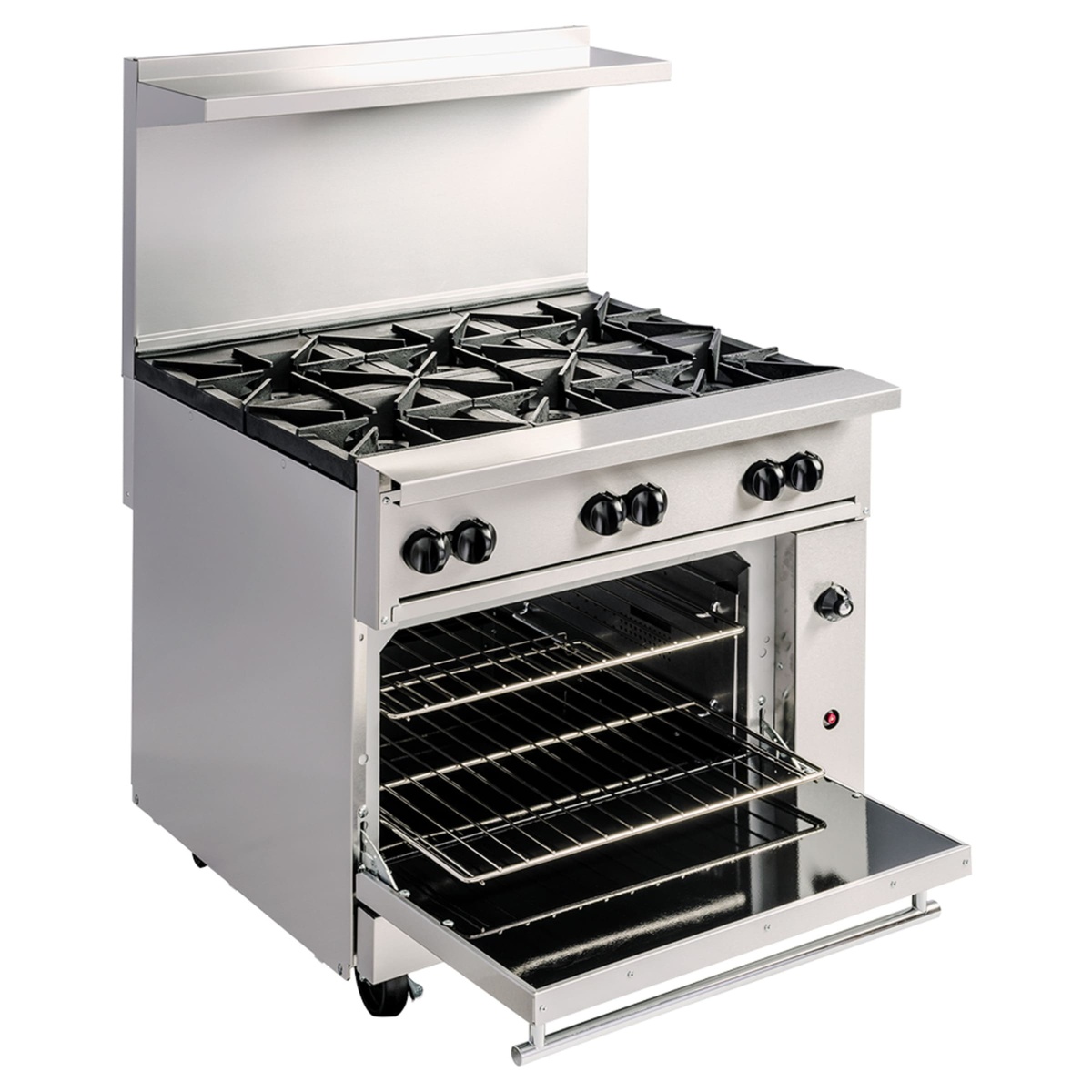 Angled view of Vulcan 36C-6BN showing open oven and six-burner cooktop