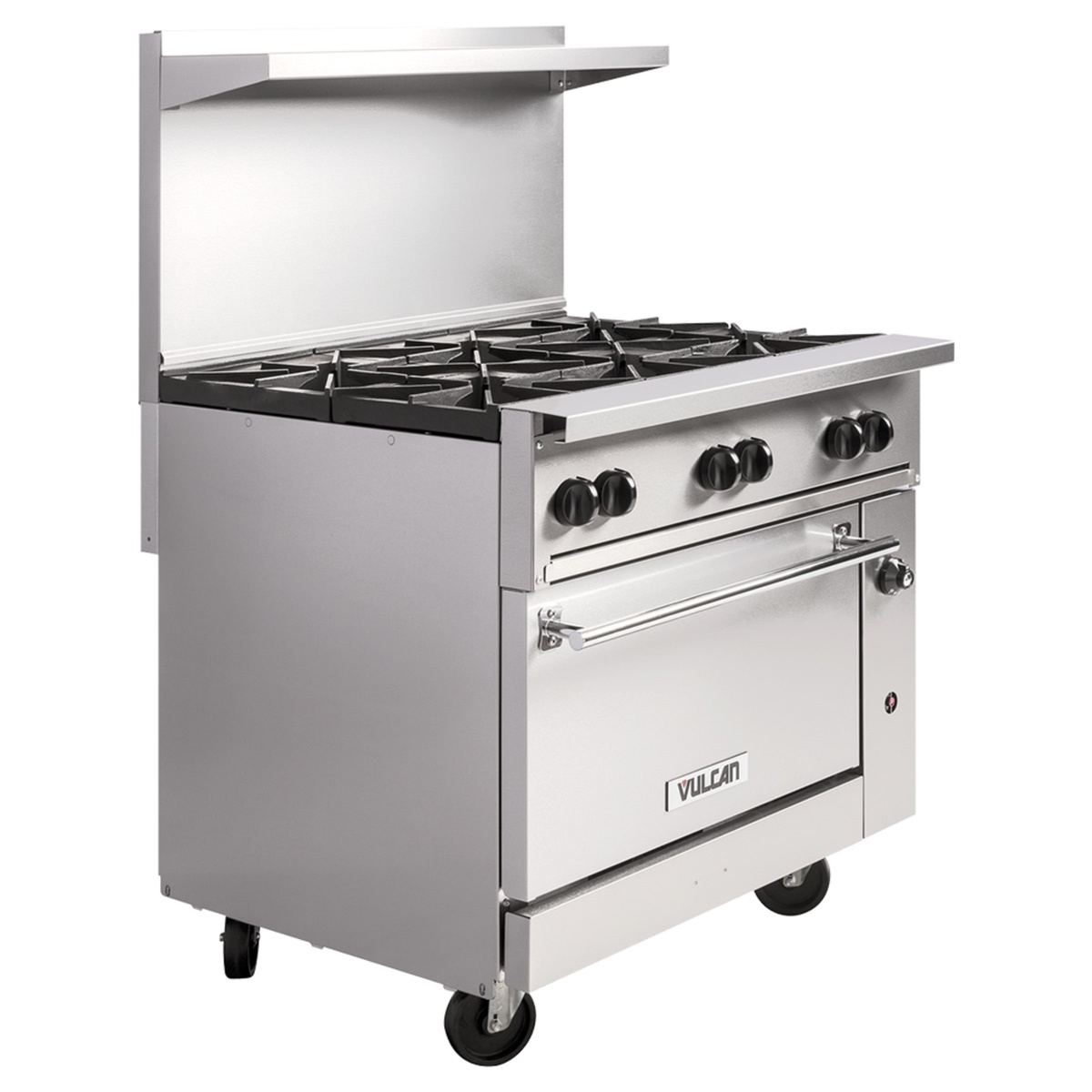 Side angle of Vulcan 36C-6BN stainless gas range with high shelf and oven base
