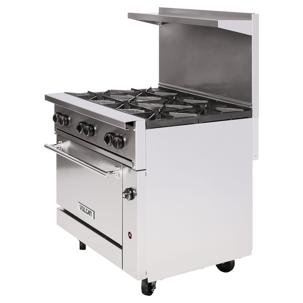 Side view of Vulcan 36C-6BP range with backriser and high shelf