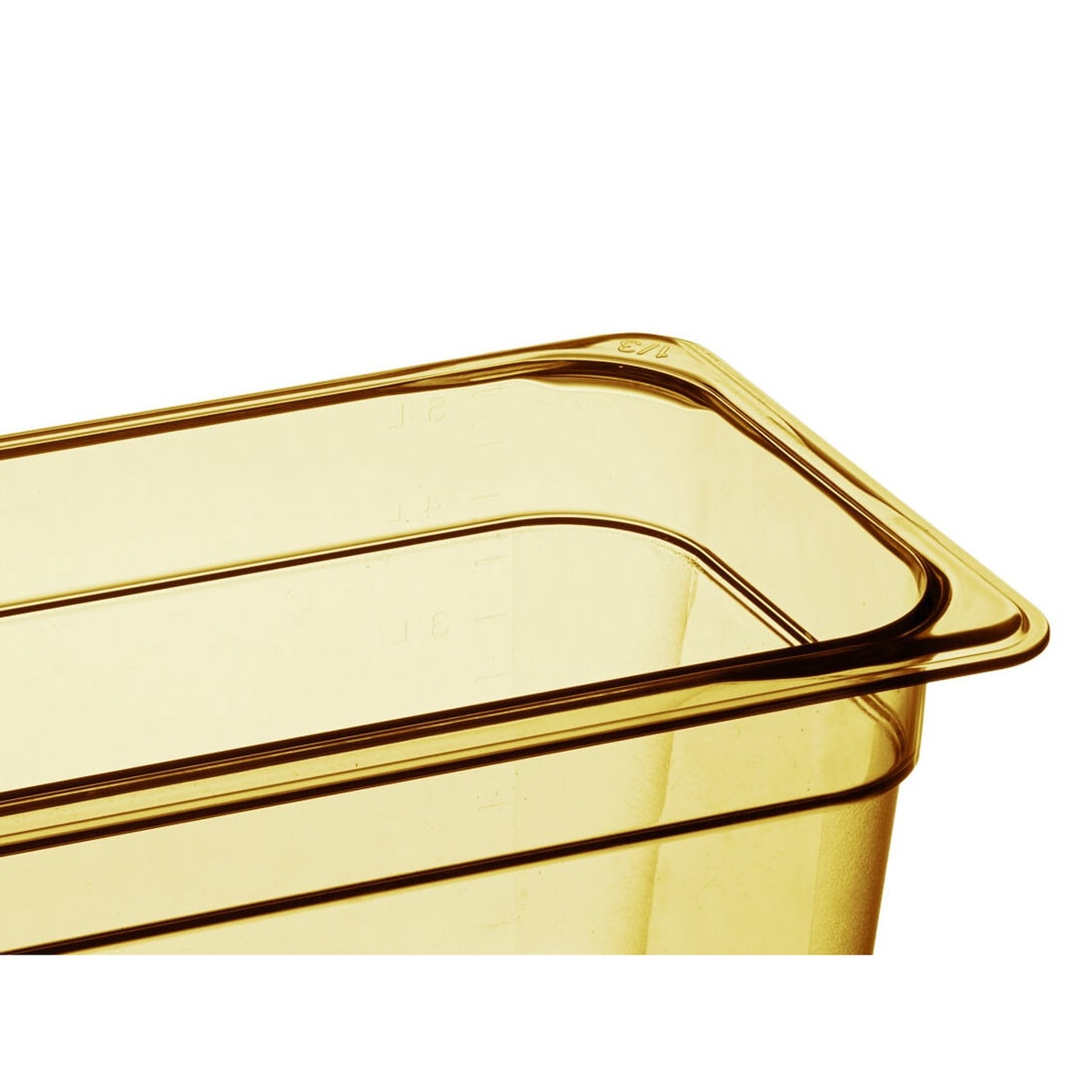 Close-up of the Cambro 36HP150 amber food pan rim and interior graduation markings on white background