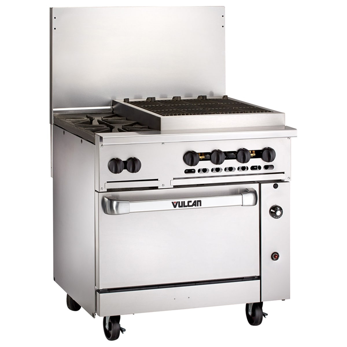 Vulcan Endurance 36-inch natural gas range with two burners, 24-inch charbroiler, and standard oven base