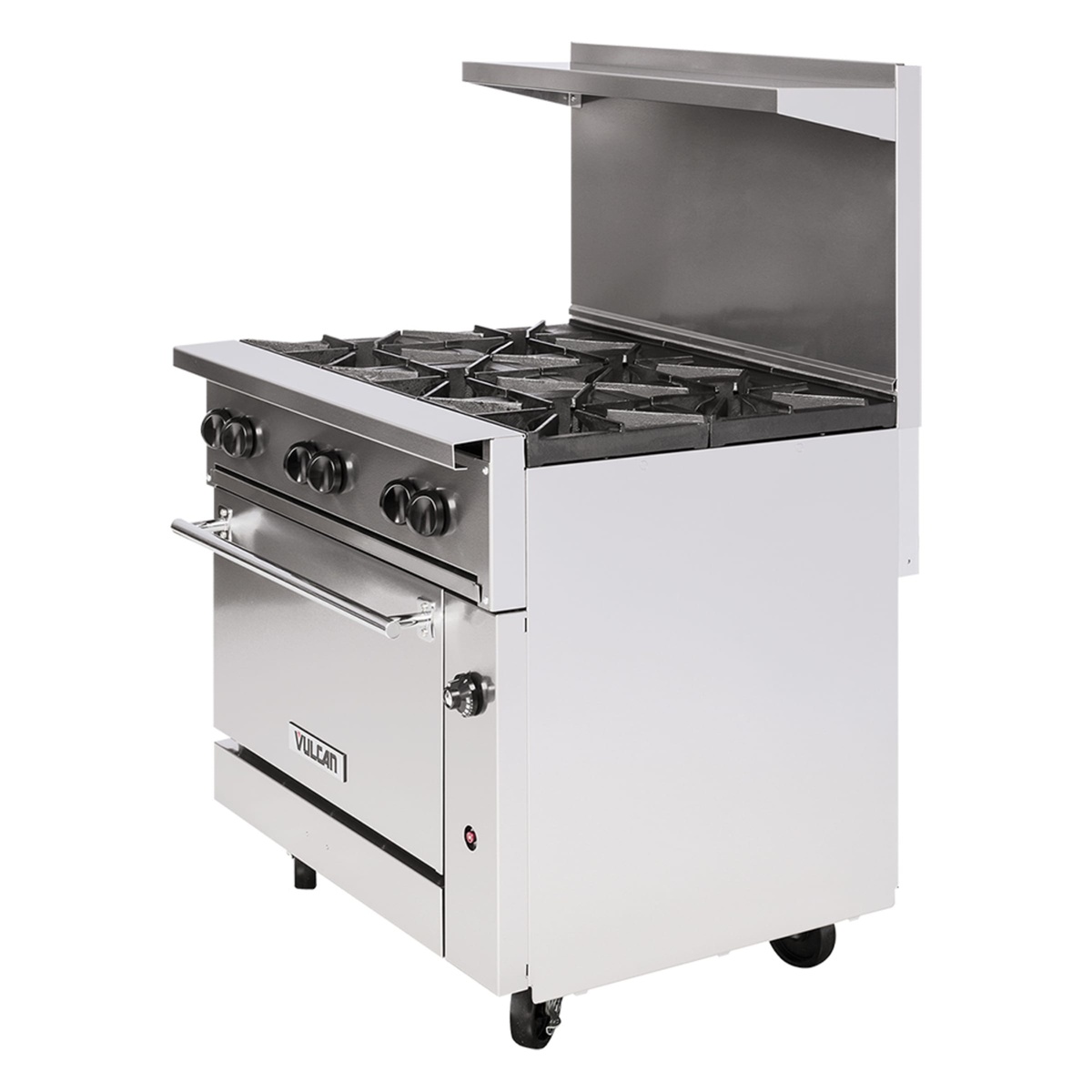Rear angled view of Vulcan 6-burner range showing backsplash, cooktop grates, and oven door