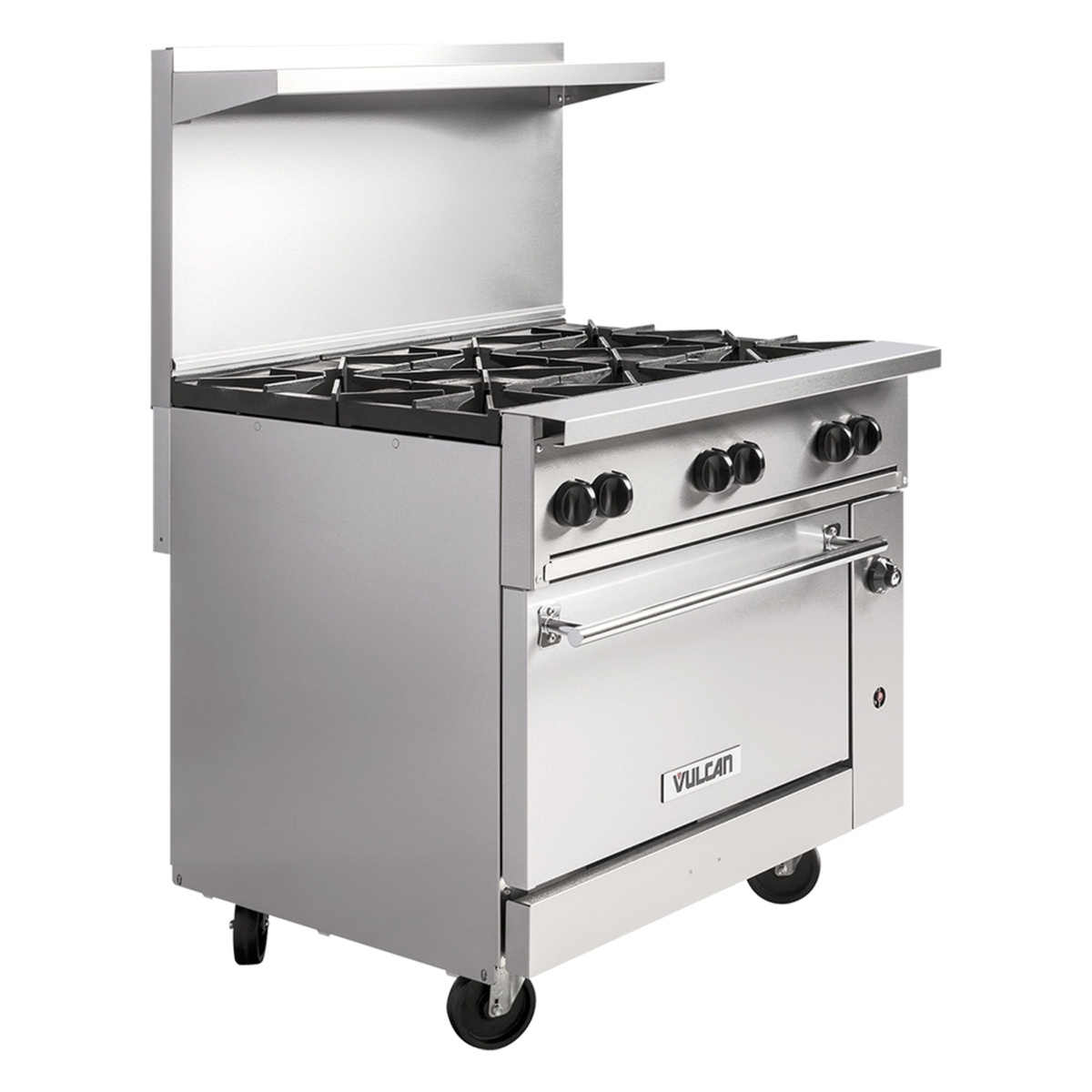 Angled front view of Vulcan 36-inch range showing control knobs, oven door, and open burner cooktop