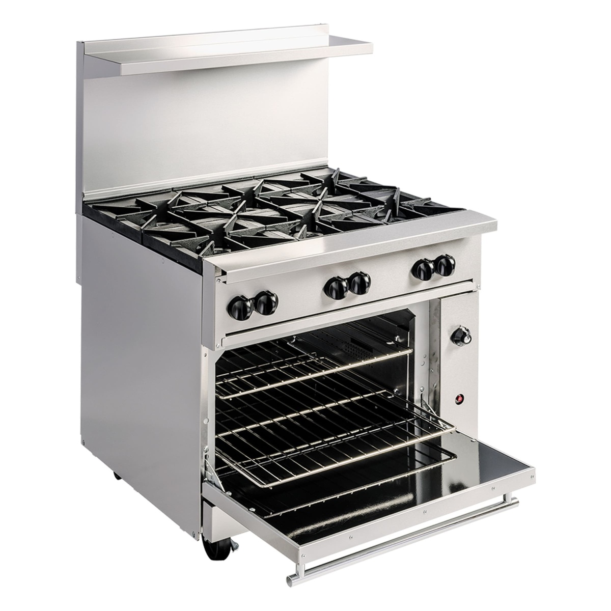Angled view of Vulcan 6-burner range showing cast iron grates and open oven cavity