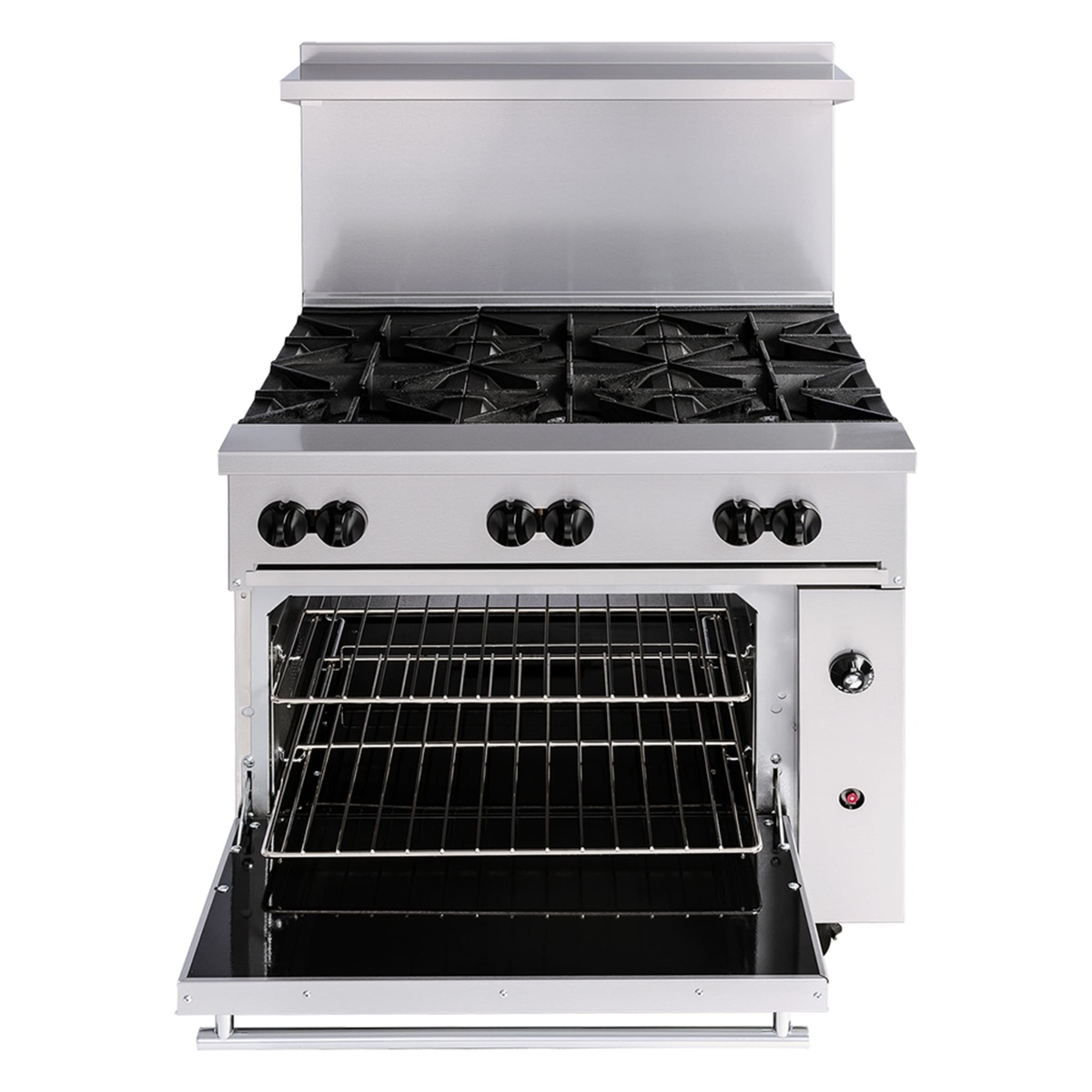Front view of Vulcan 36-inch 6-burner gas range with oven door open