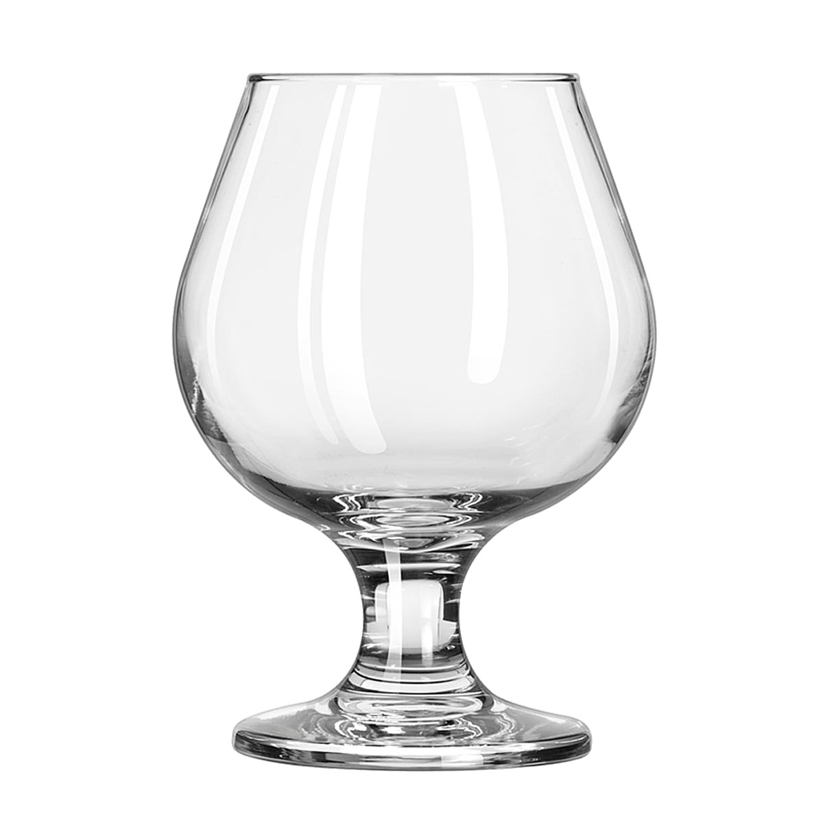 Libbey 3704 Embassy 9.25 oz clear brandy snifter glass with rounded bowl and footed base, empty on white background
