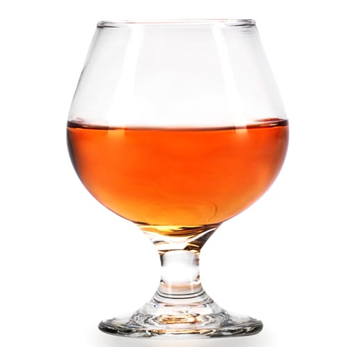 Libbey 3704 Embassy brandy snifter glass filled with amber brandy, showing the wide bowl and short stem