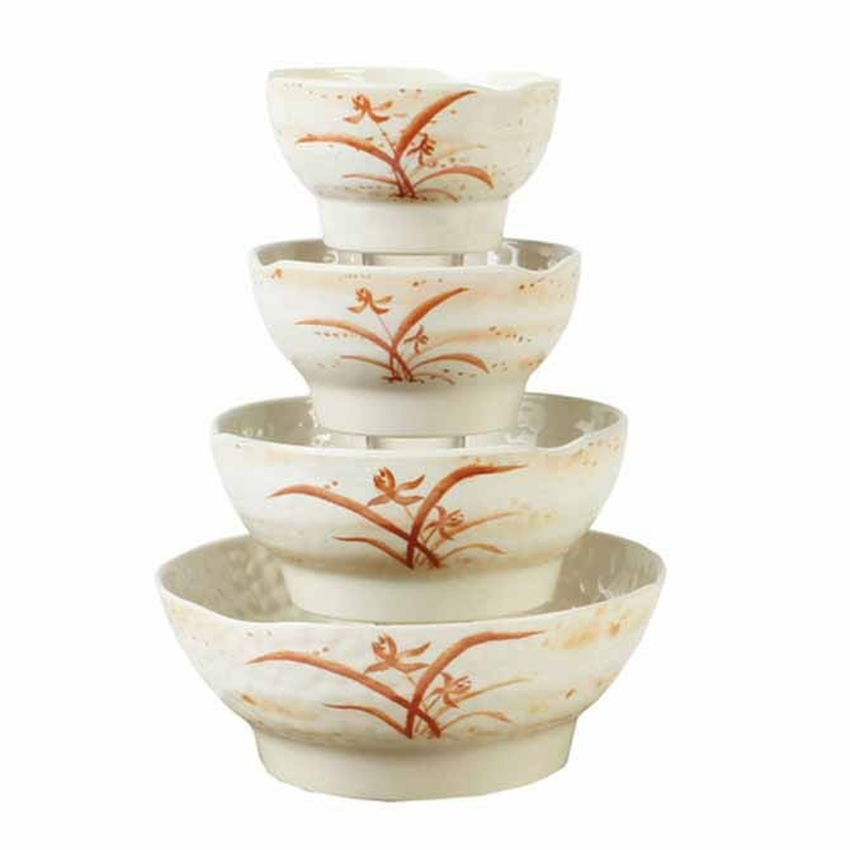 Thunder Group 3704 Gold Orchid melamine rice bowls stacked in multiple sizes showing wavy textured design with floral orchid pattern