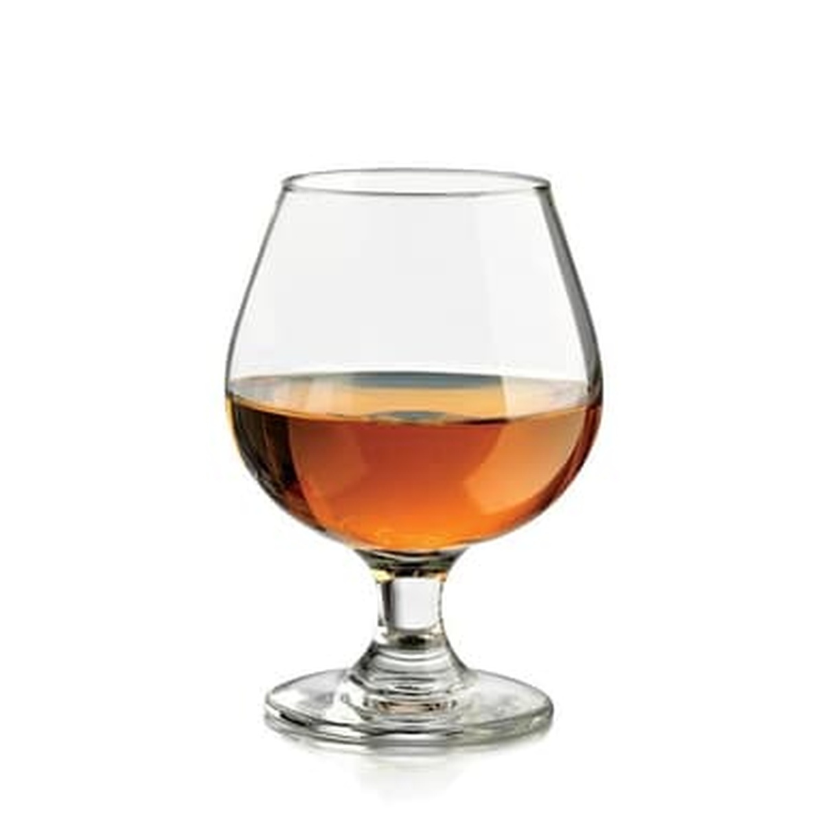 Libbey 3705 Embassy brandy glass with amber spirit, highlighting the glass proportions and stem detail