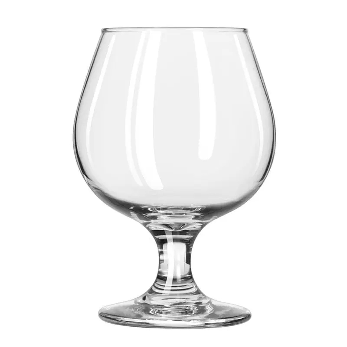 Libbey 3705 Embassy clear brandy glass, empty, showing rounded bowl and sturdy stem