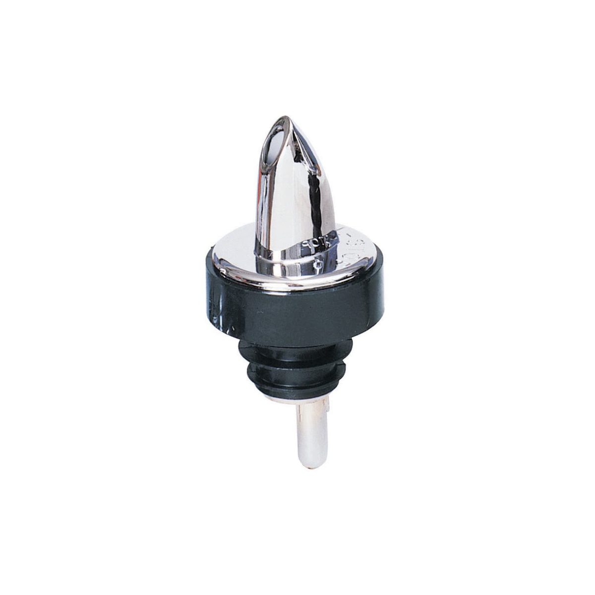 Spill-Stop 371-00 chrome plastic liquor pourer with black poly-kork collar on white background