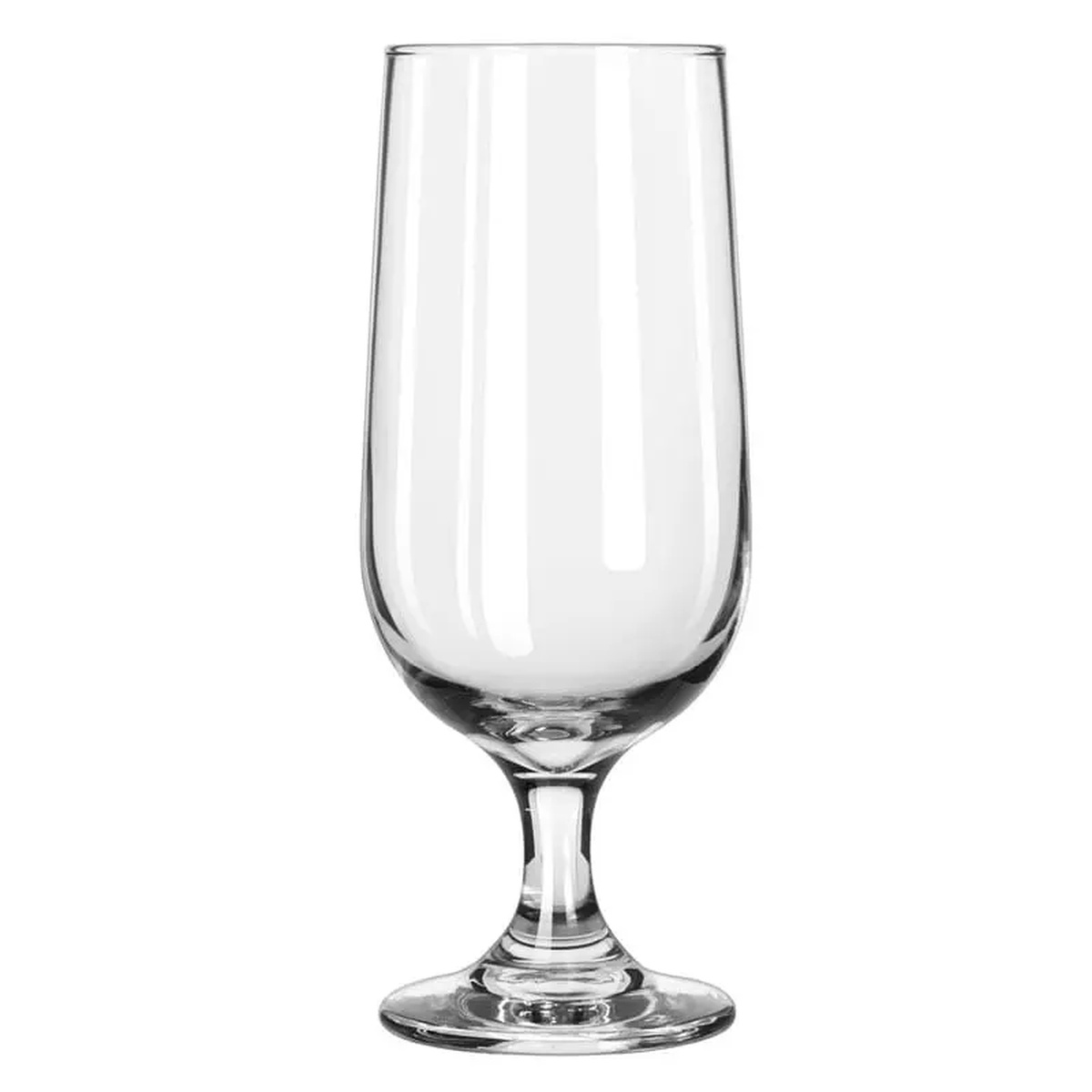 Libbey Embassy 14 oz. footed beer glass, empty, showing stemmed silhouette and clear glass construction