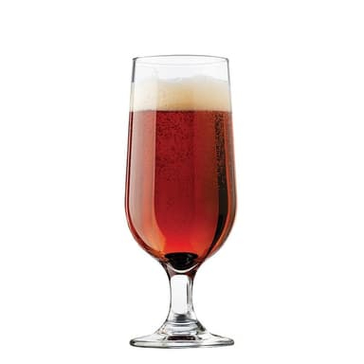 Libbey Embassy 14 oz. footed beer glass filled with amber beer and a frothy head