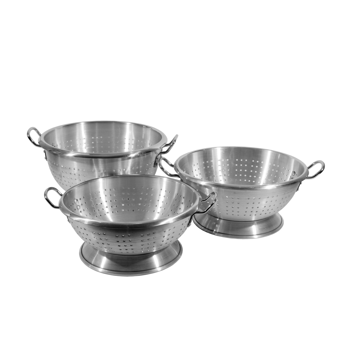 Three Town Food Service heavy duty aluminum colanders in different sizes shown on white background