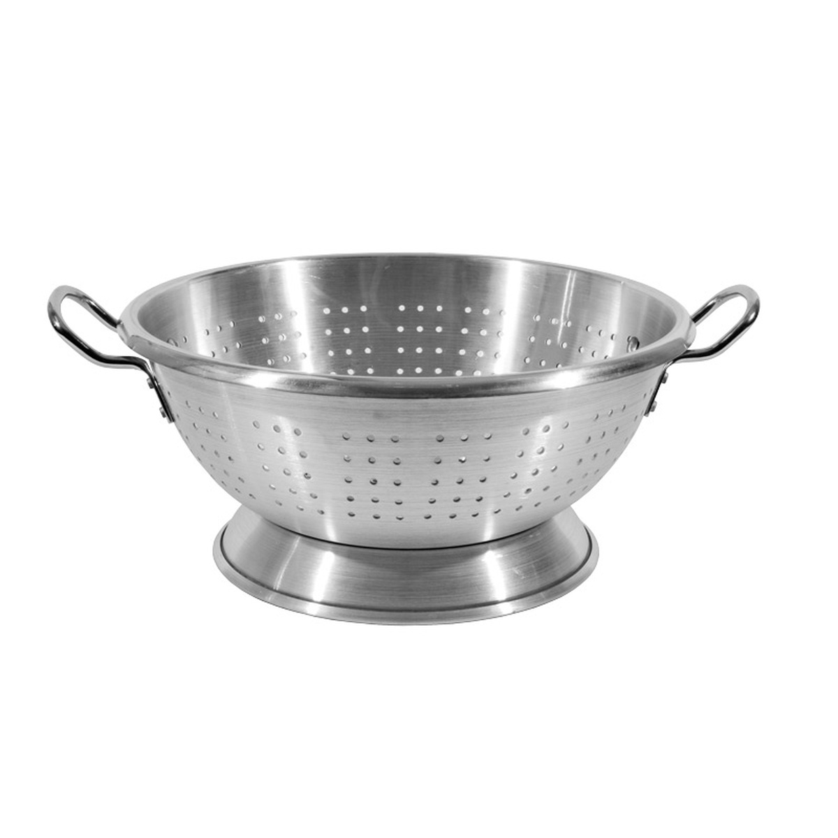 Single Town Food Service heavy duty aluminum colander with riveted handles and footed base on white background