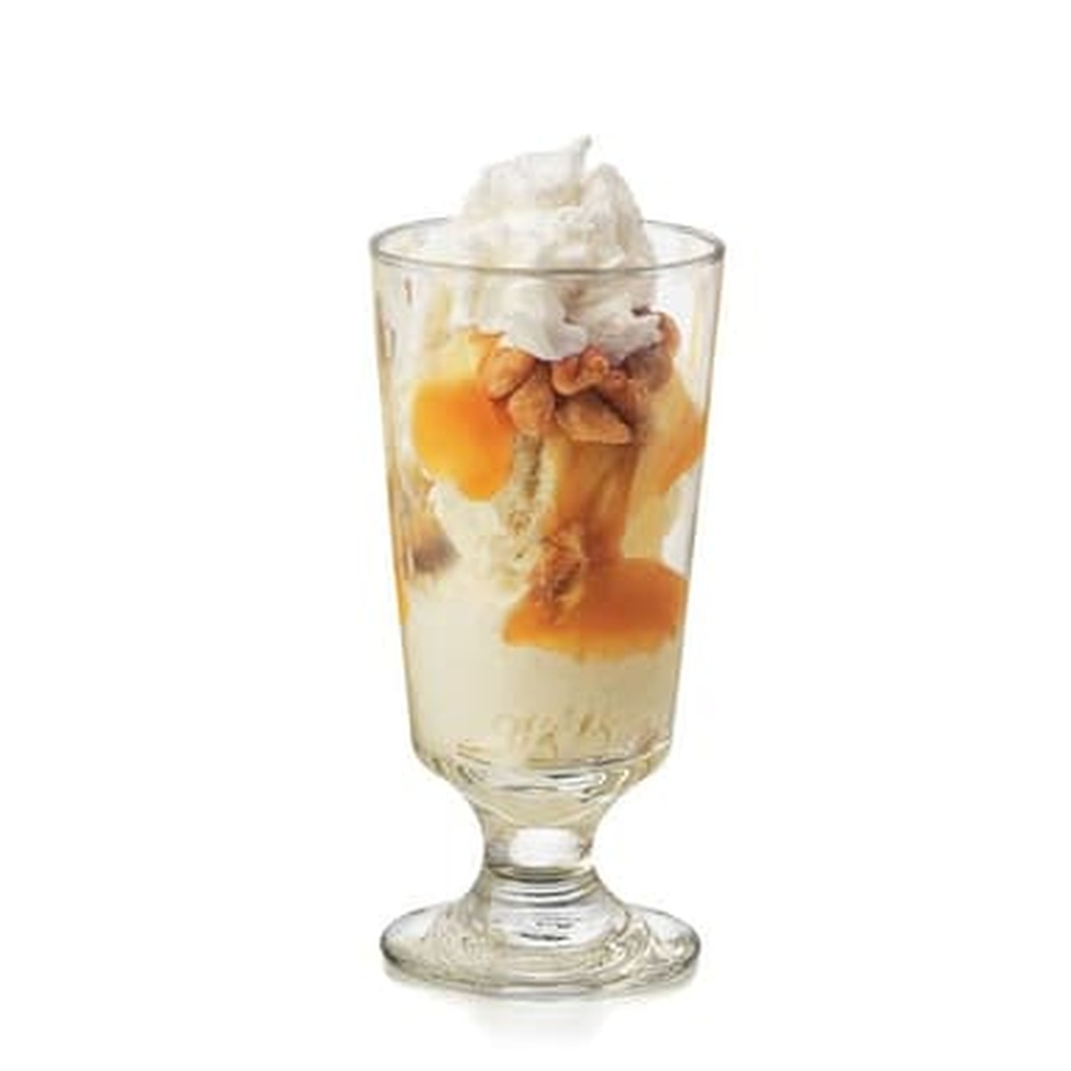 Libbey Embassy 3737 footed glass filled with caramel sundae, nuts, and whipped cream