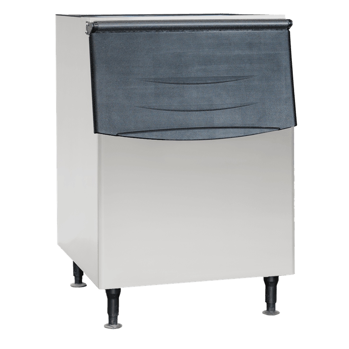 Enhanced Ice Machines 375 lb ice storage bin with stainless steel exterior and dark blue tilting front door on adjustable legs