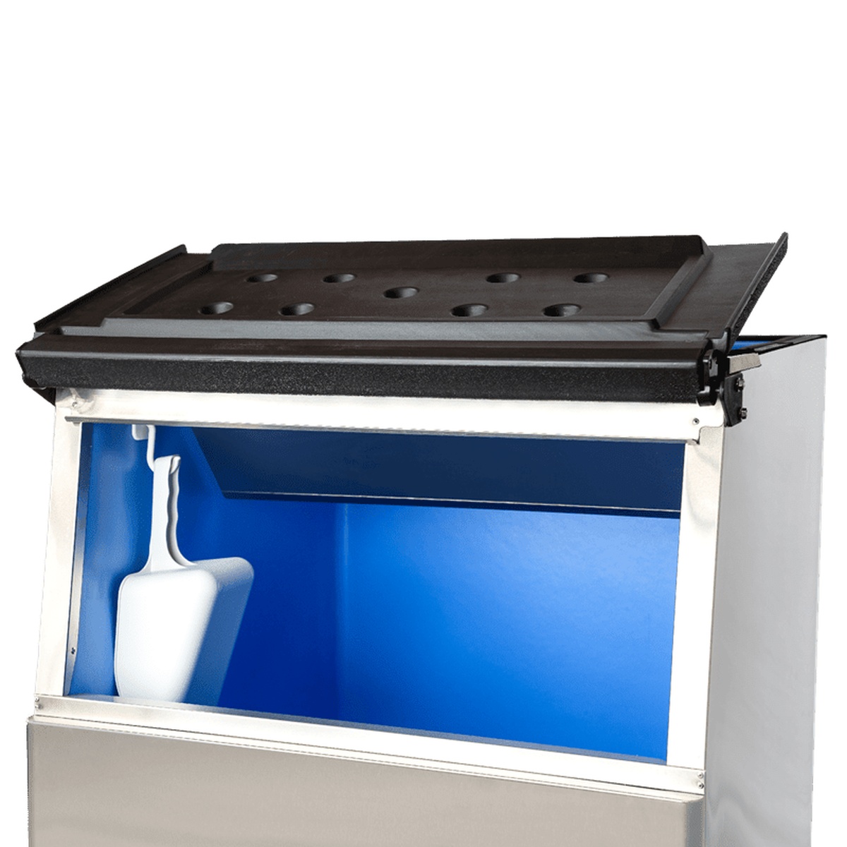 Interior view of the 375 lb ice bin showing insulated lid with modular head mounting holes, blue interior liner, and included ice scoop
