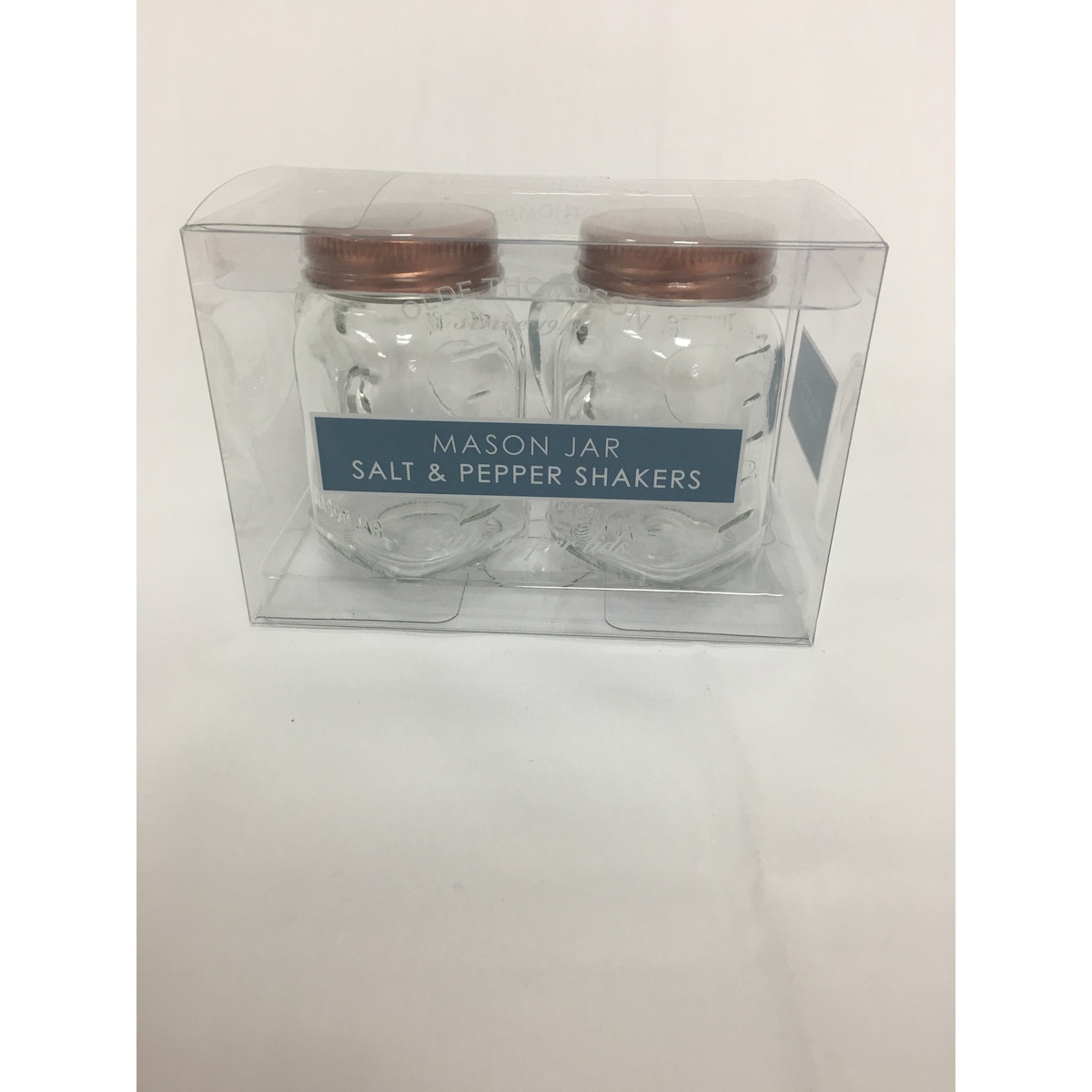 Olde Thompson Mason Jar Salt and Pepper Shaker Set with Copper Lids in clear packaging