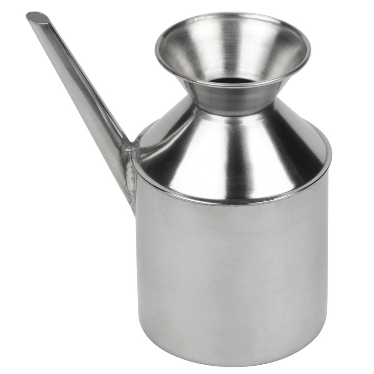 Town 37600 stainless steel oil dispenser with funnel-shaped top and round spout, no handle, on white background