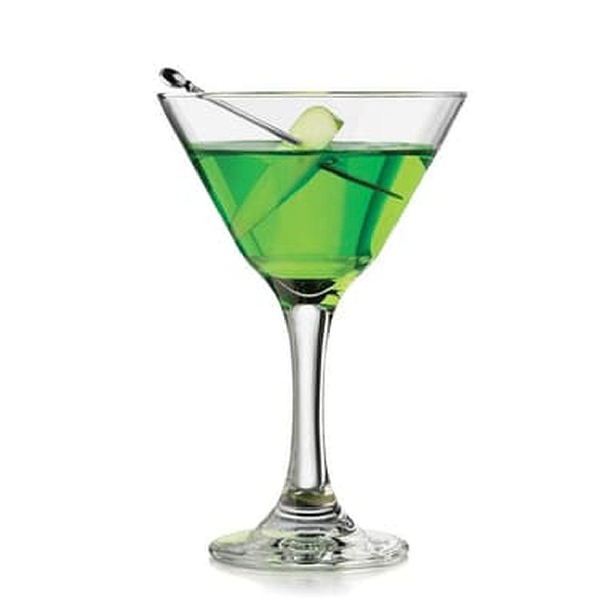 Libbey 3779 Embassy martini glass filled with green cocktail and cucumber garnish on a cocktail pick