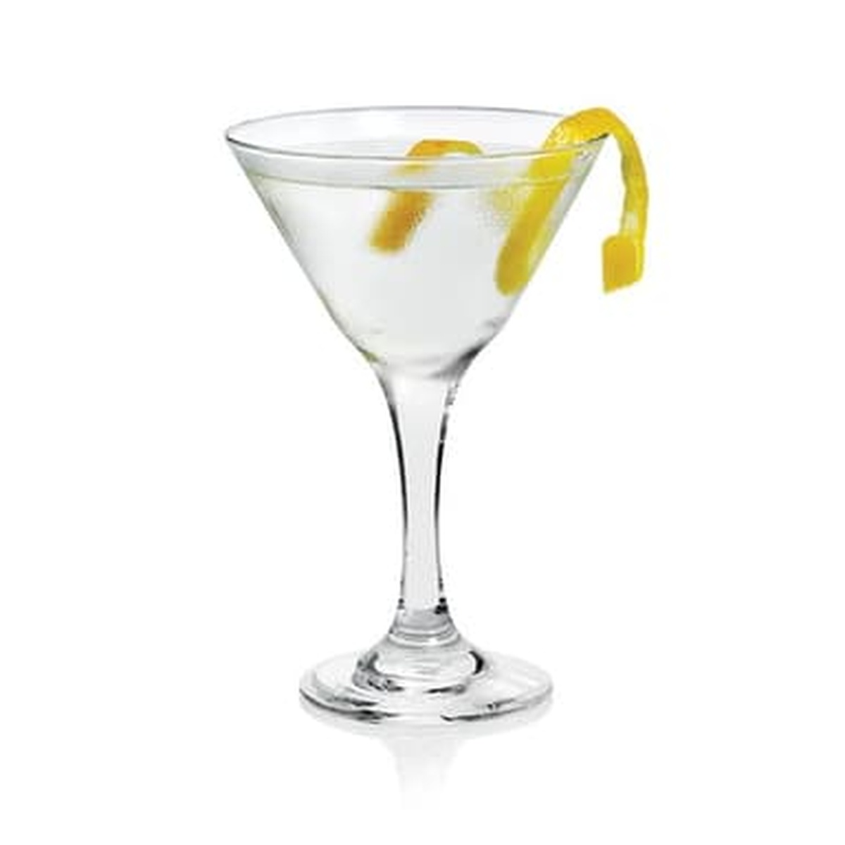 Libbey 3779 Embassy martini glass filled with clear cocktail and a lemon twist garnish draped over the rim