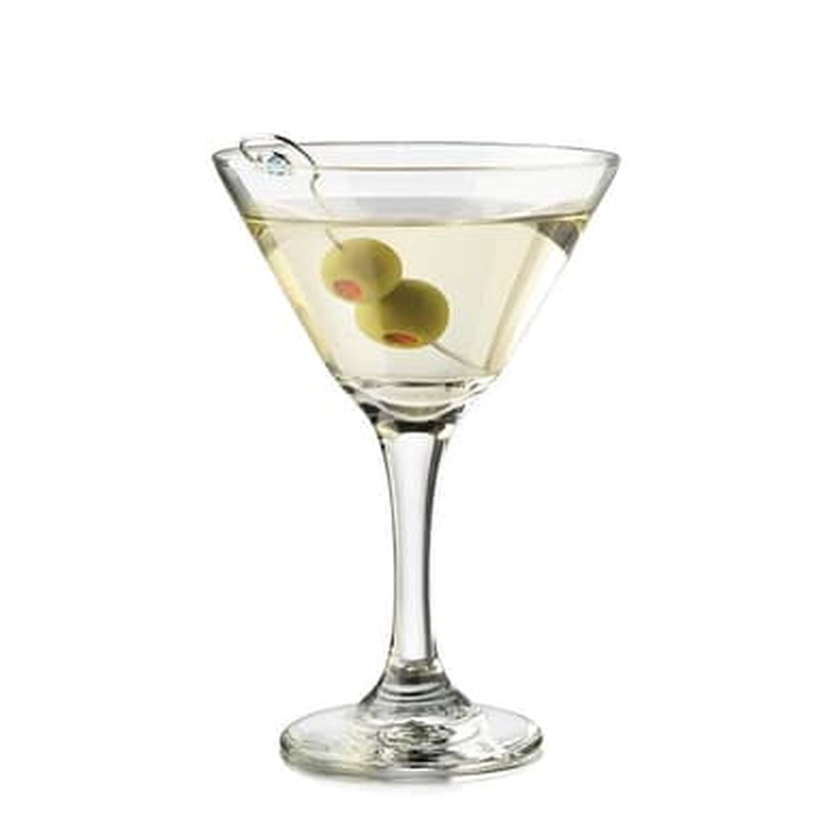 Libbey 3779 Embassy martini glass filled with clear martini and two green olives on a cocktail pick