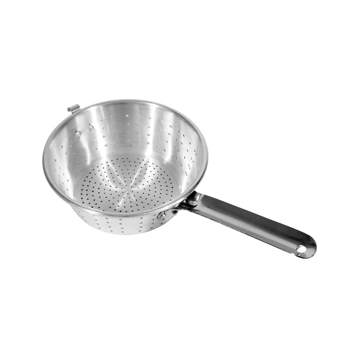 Town 37910H 10-inch aluminum utility strainer with handle and hook, showing fine perforations throughout the bowl