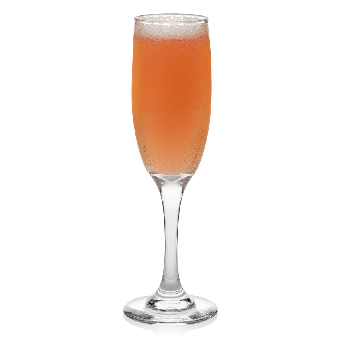 Single Libbey Embassy champagne flute filled with orange-pink sparkling beverage on white background