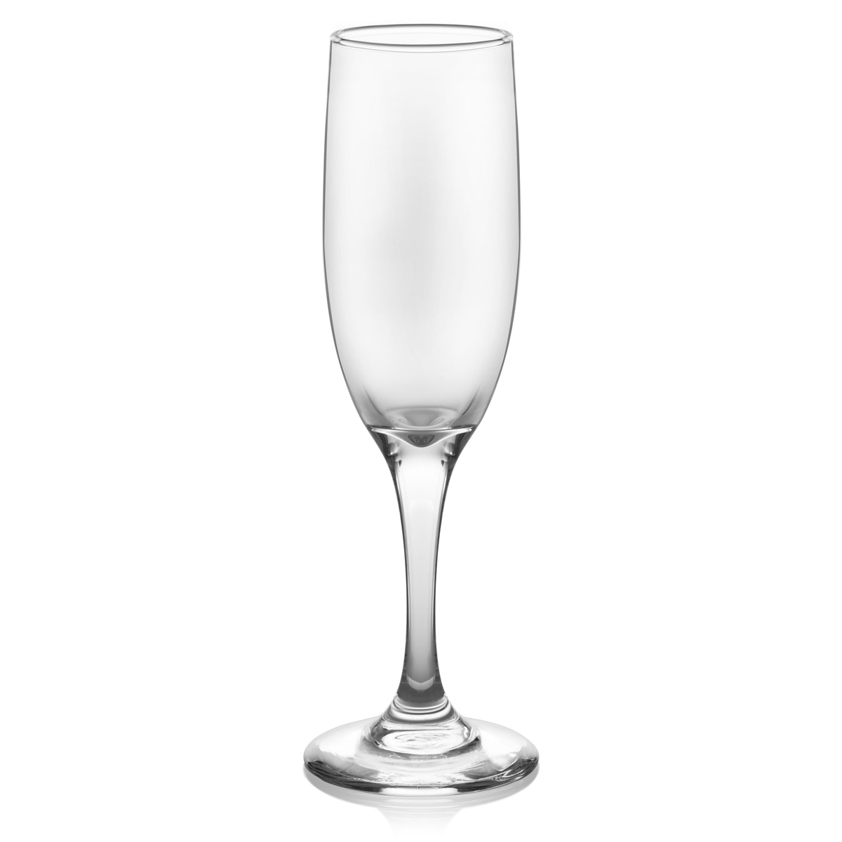 Single empty Libbey Embassy champagne flute glass with long stem and round base on white background