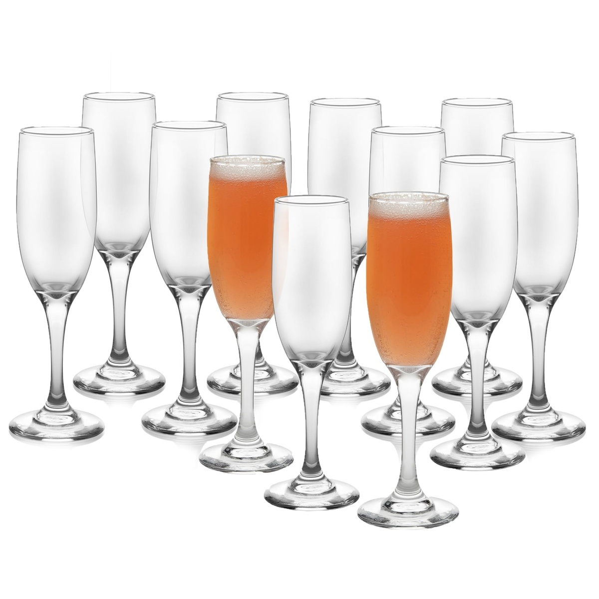 Set of 12 Libbey Embassy champagne flute glasses, some filled with pink sparkling beverage, on white background