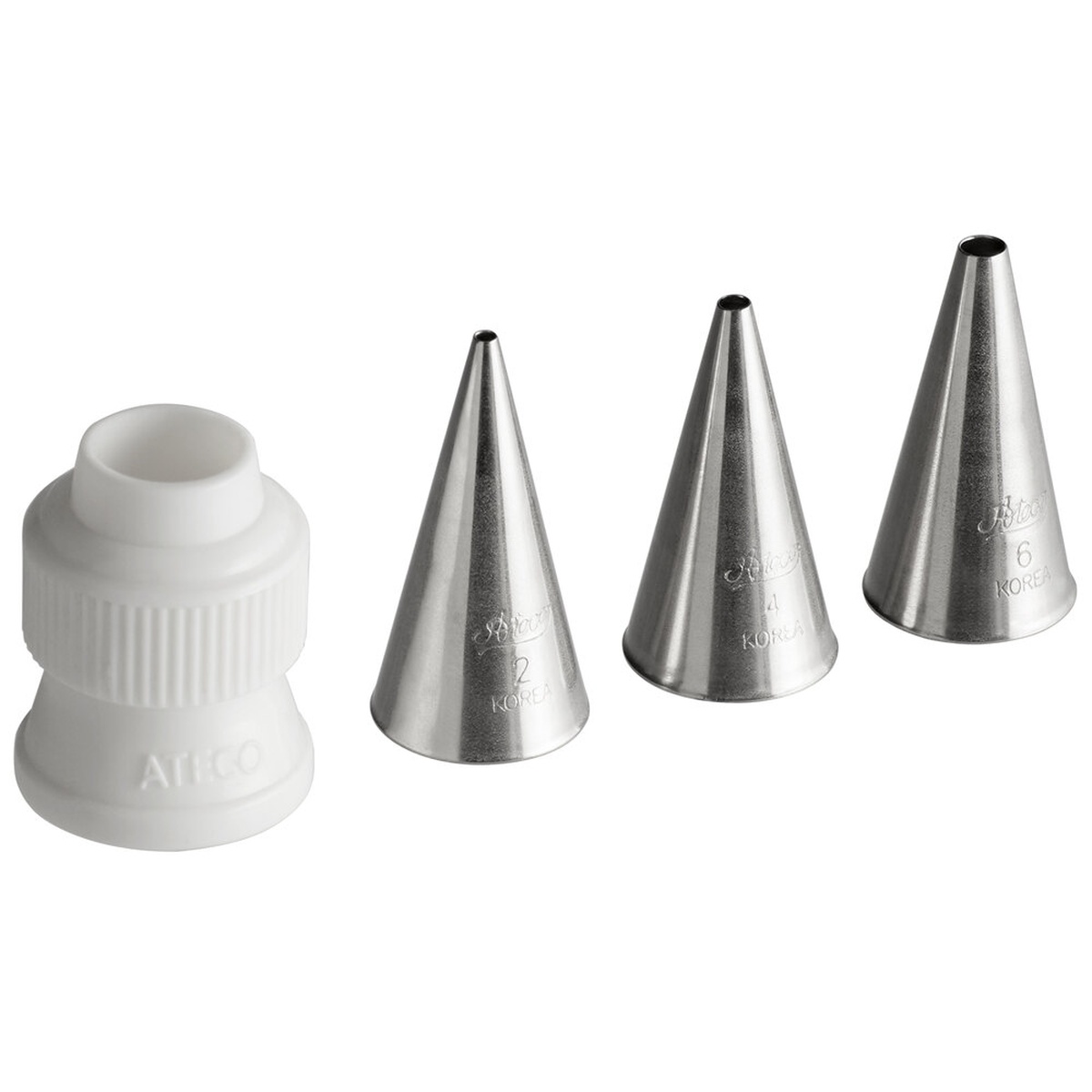 Ateco 380 set showing three stainless steel writing tips numbered 2, 4, and 6 alongside a white plastic standard coupler