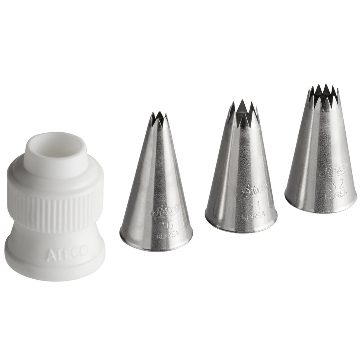 Ateco 381 4-piece open star piping tip set with stainless steel tubes 16, 21, 32 and white plastic coupler on white background