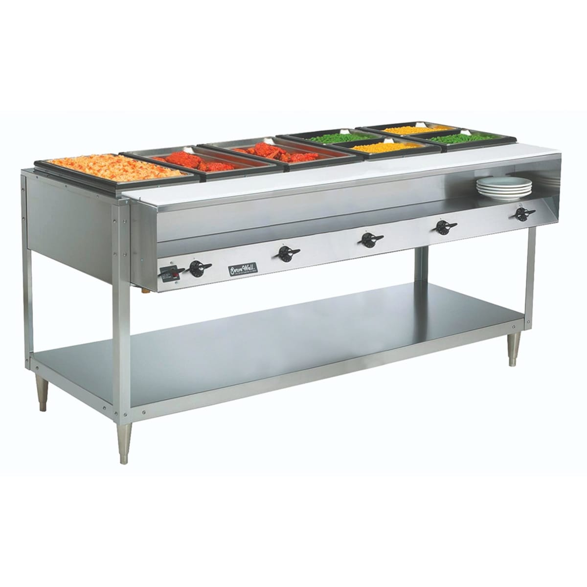 Vollrath ServeWell hot food table with five wells, undershelf, and front controls