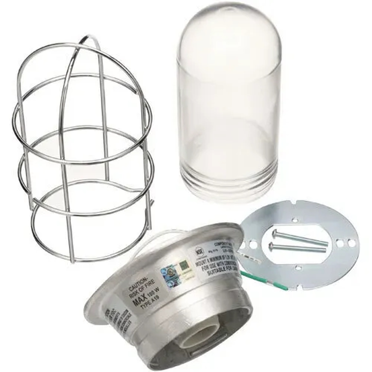 AllPoints 381320 Vaporproof Lighting Fixture kit showing wire cage guard, clear glass globe, socket base, mounting plate, and hardware