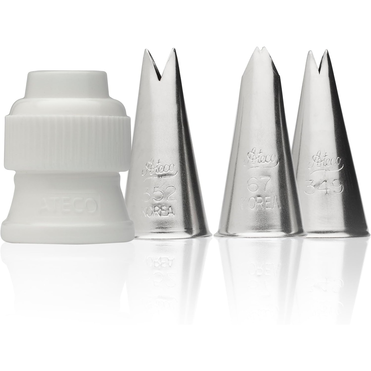 Ateco 382 leaf piping tip set showing stainless steel tips 352, 67, 349 and white plastic coupler