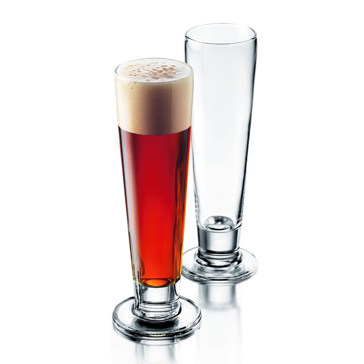 Two Libbey 3823 Catalina Tall Beer Glasses side by side, one filled with amber beer and foam head