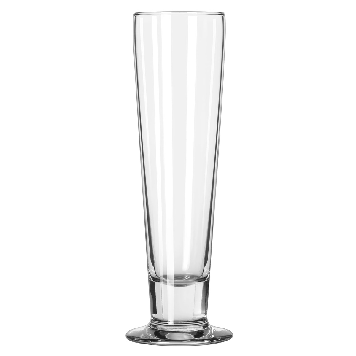 Libbey 3823 Catalina Tall Beer Glass, single clear footed pilsner glass on white background