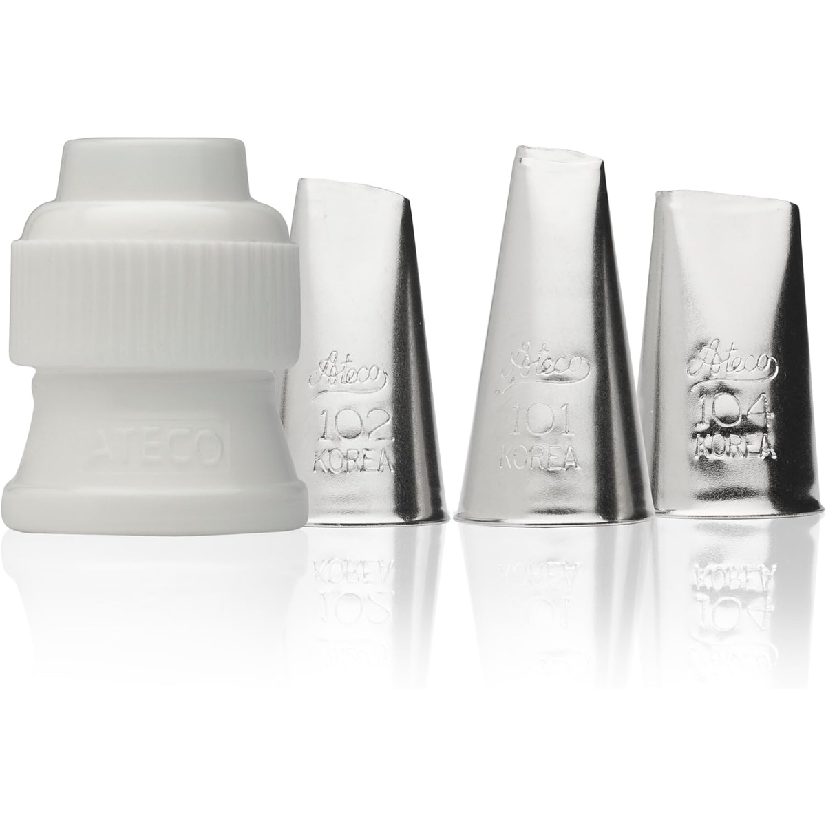 Ateco 383 4-piece rose piping tip set showing white plastic coupler and three stainless steel tubes numbered 101, 102, and 104
