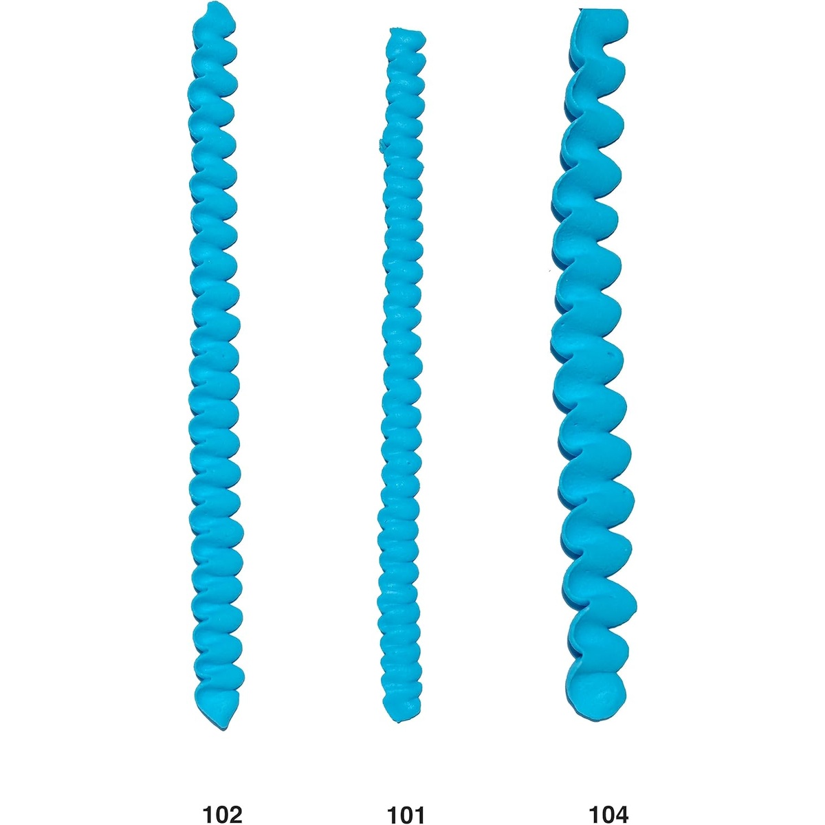 Side-by-side piping output comparison showing petal patterns from Ateco tubes 102, 101, and 104 in blue frosting