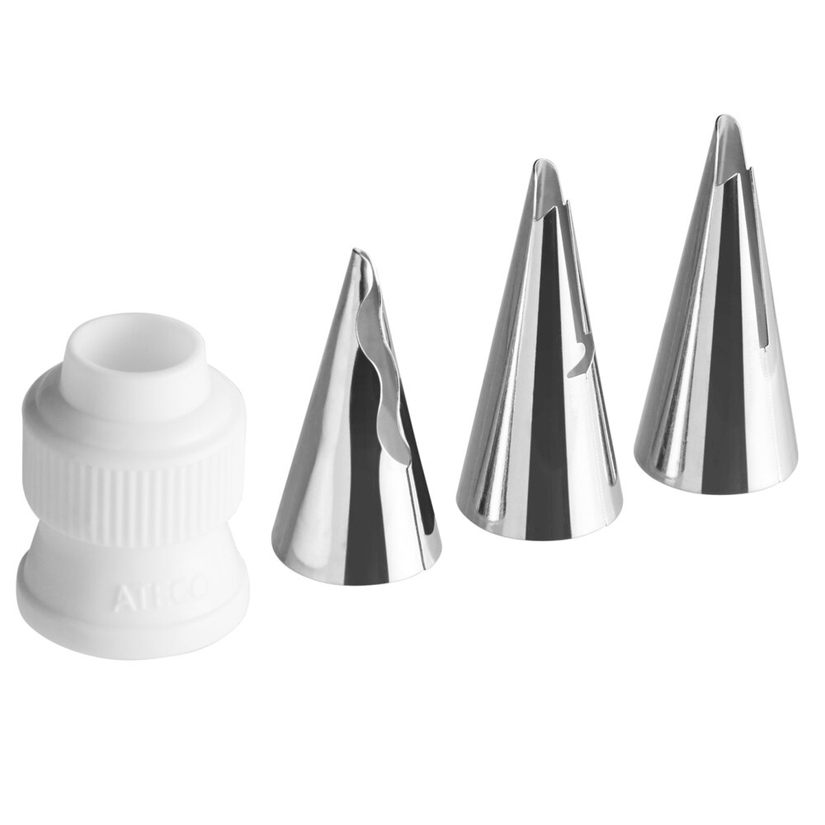 Ateco 384 ruffle piping tip set showing three stainless steel tips and one white plastic coupler on white background