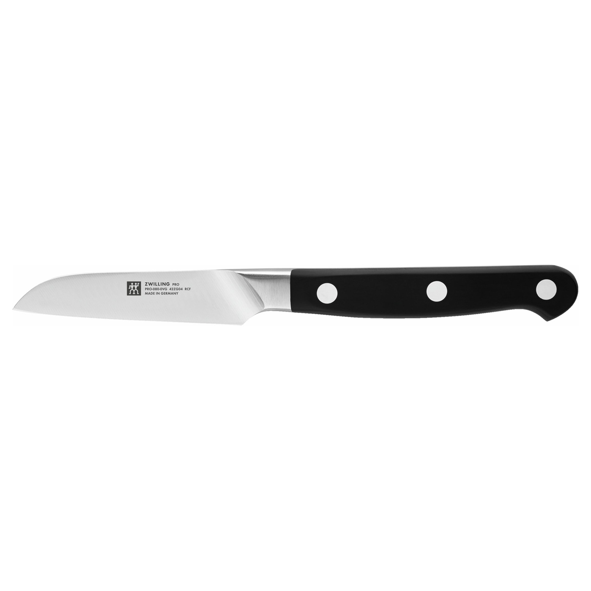 ZWILLING Pro 3-inch Kudamono Paring Knife with black triple-rivet handle and stainless steel blade on white background