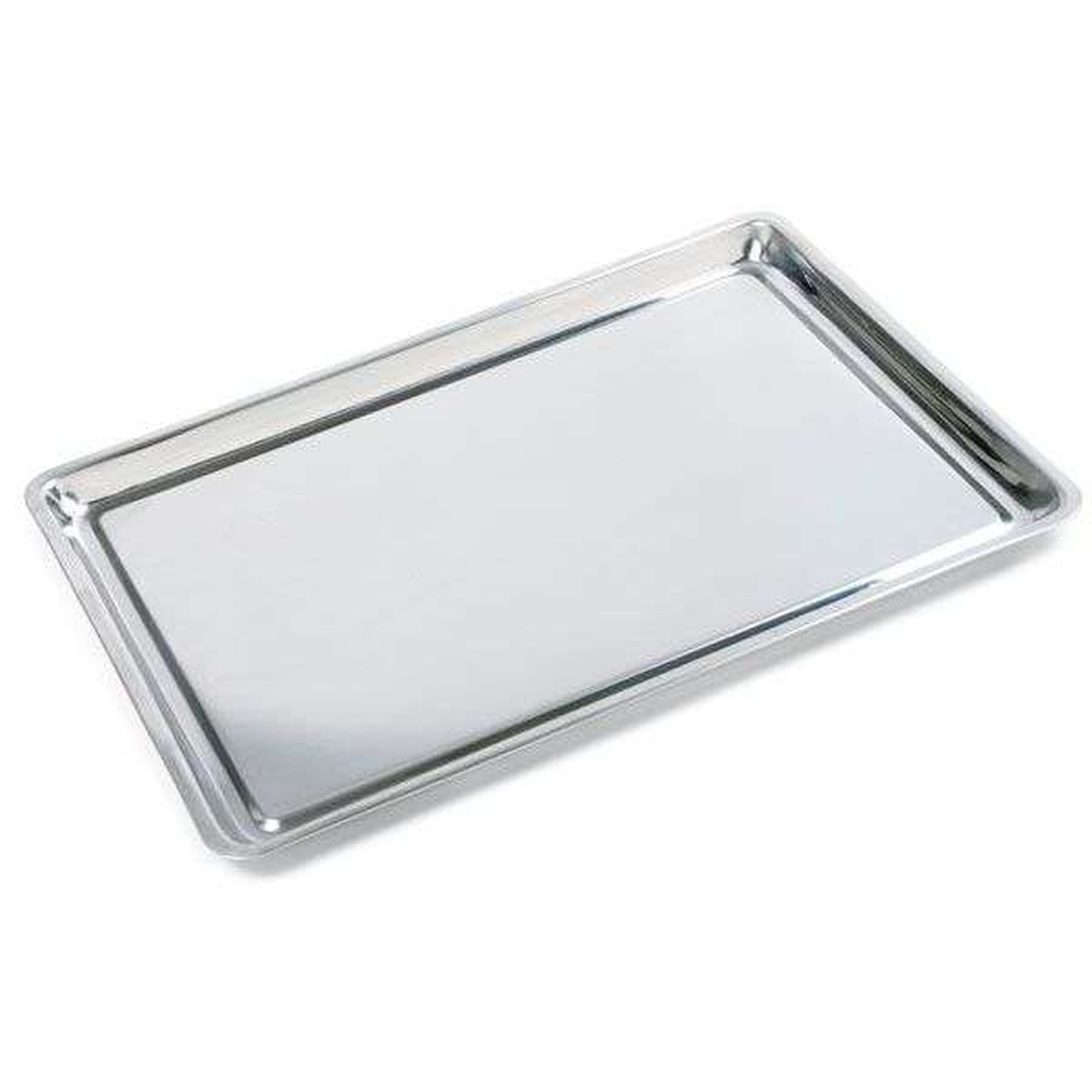 Norpro stainless steel jelly roll baking pan shown on white background, highlighting polished surface and raised edges