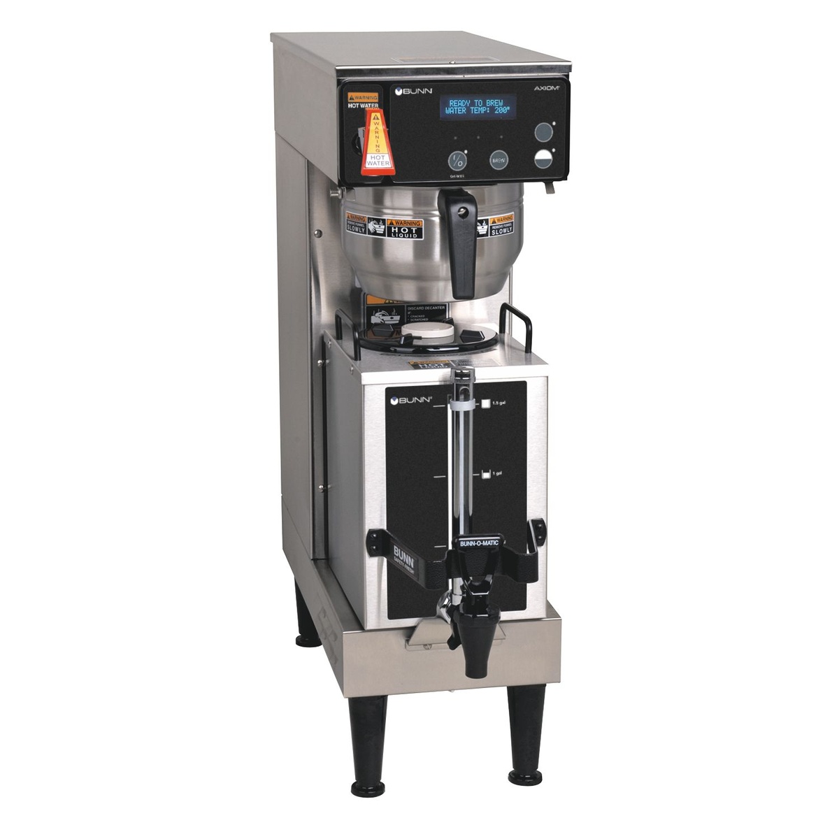 BUNN Single AXIOM GPR 15 coffee brewer with 1.5-gallon portable server, stainless steel construction, LCD display panel, and black adjustable feet