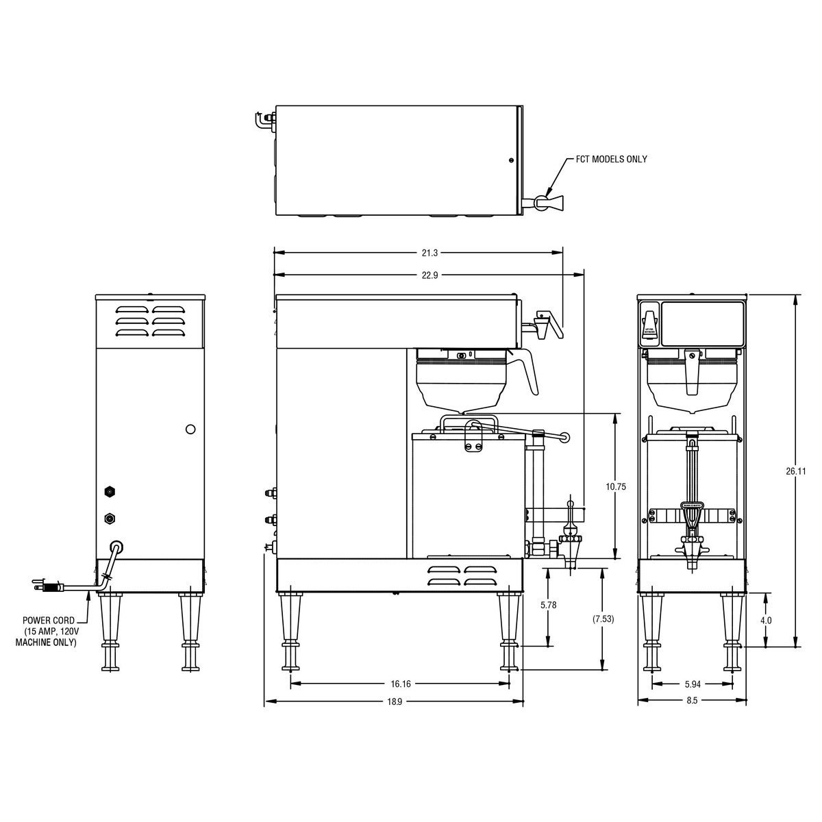 Technical dimension diagram of the BUNN AXIOM GPR brewer showing front, side, and top views with labeled measurements